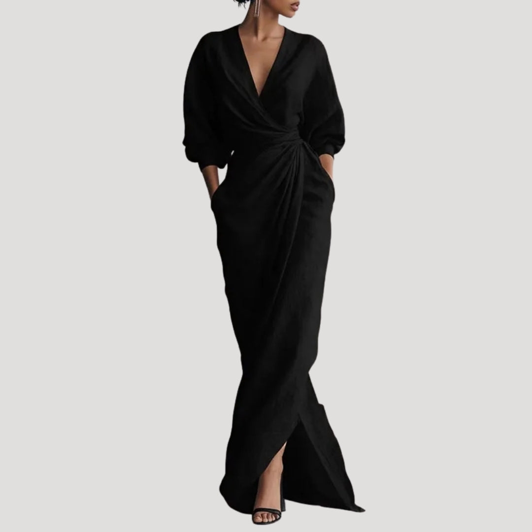 Women’s Maxi Dress Wrap Long Sleeve V Neck Flowy Elegant