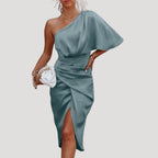 Women’s One Shoulder Midi Dress Side Slit Draped Evening Style