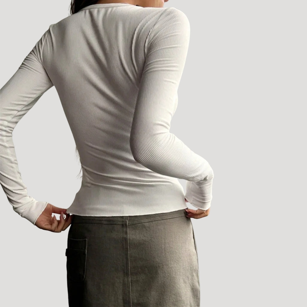Women’s Blouse Long Sleeve Top Ribbed Henley Fitted Casual