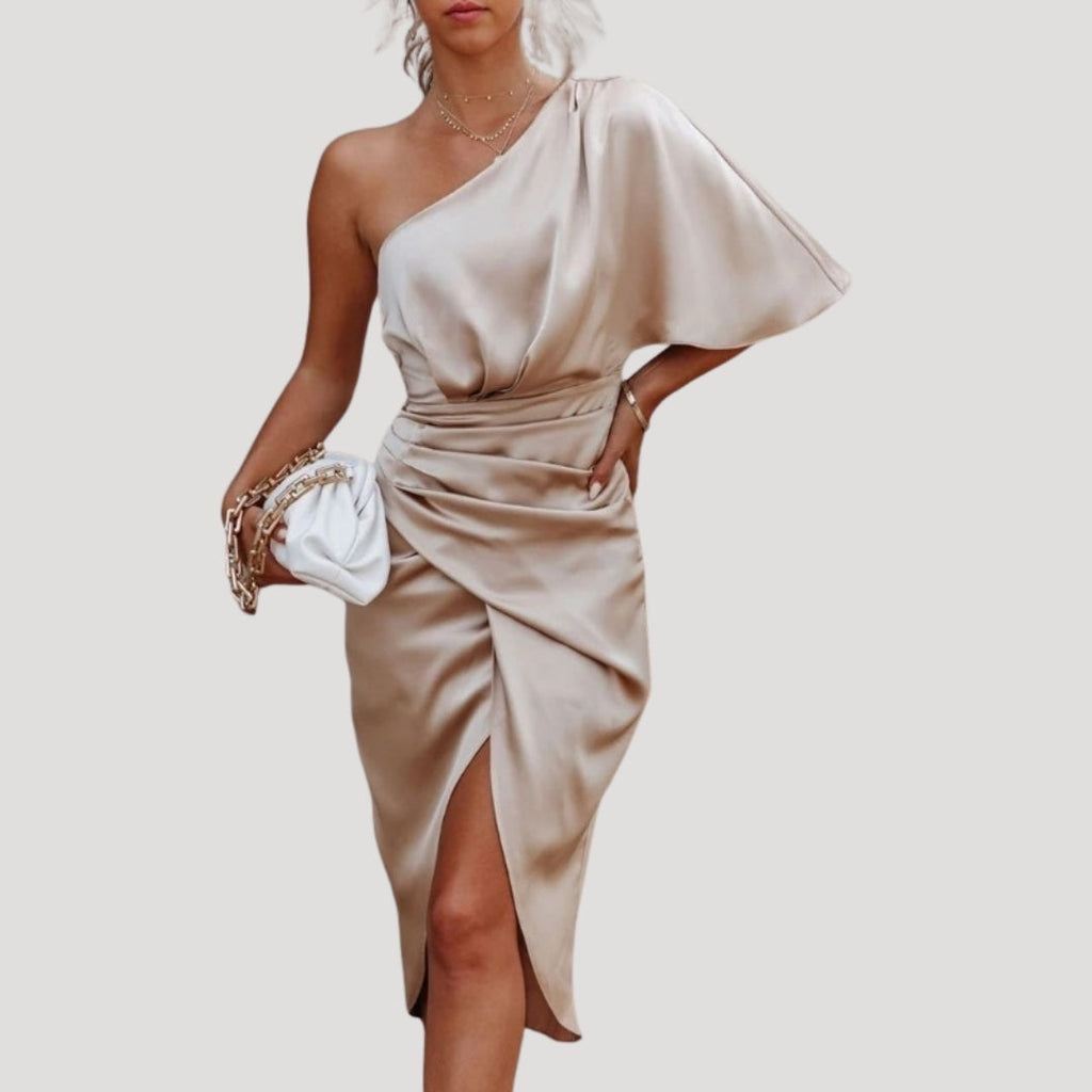 Women’s One Shoulder Midi Dress Side Slit Draped Evening Style