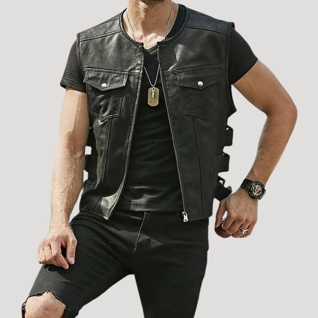 Men’s Leather Vest Biker Motorcycle Sleeveless Jacket Zip