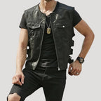 Men’s Leather Vest Biker Motorcycle Sleeveless Jacket Zip