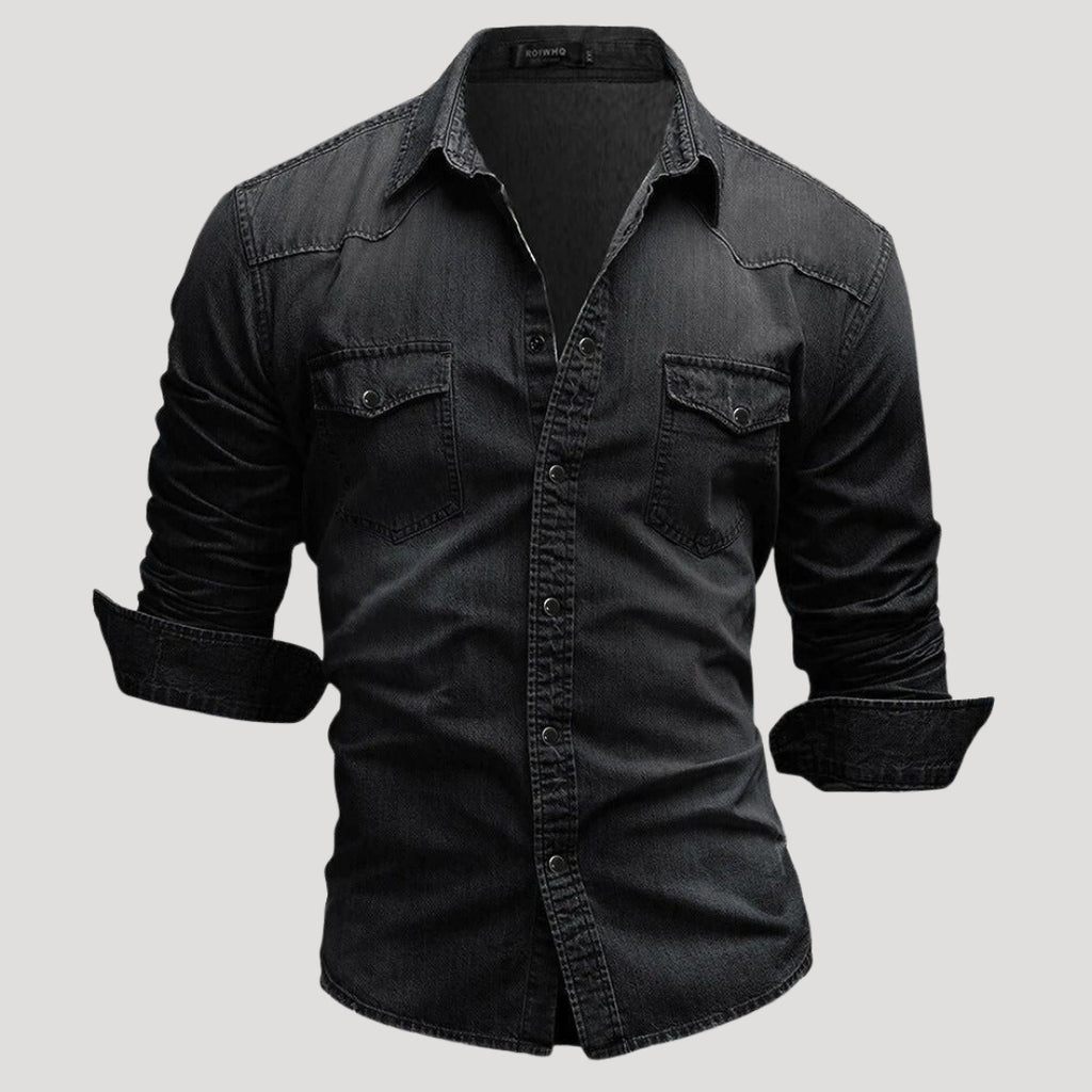 Mens Denim Shirt Long Sleeve Button Down Casual Slim Fit