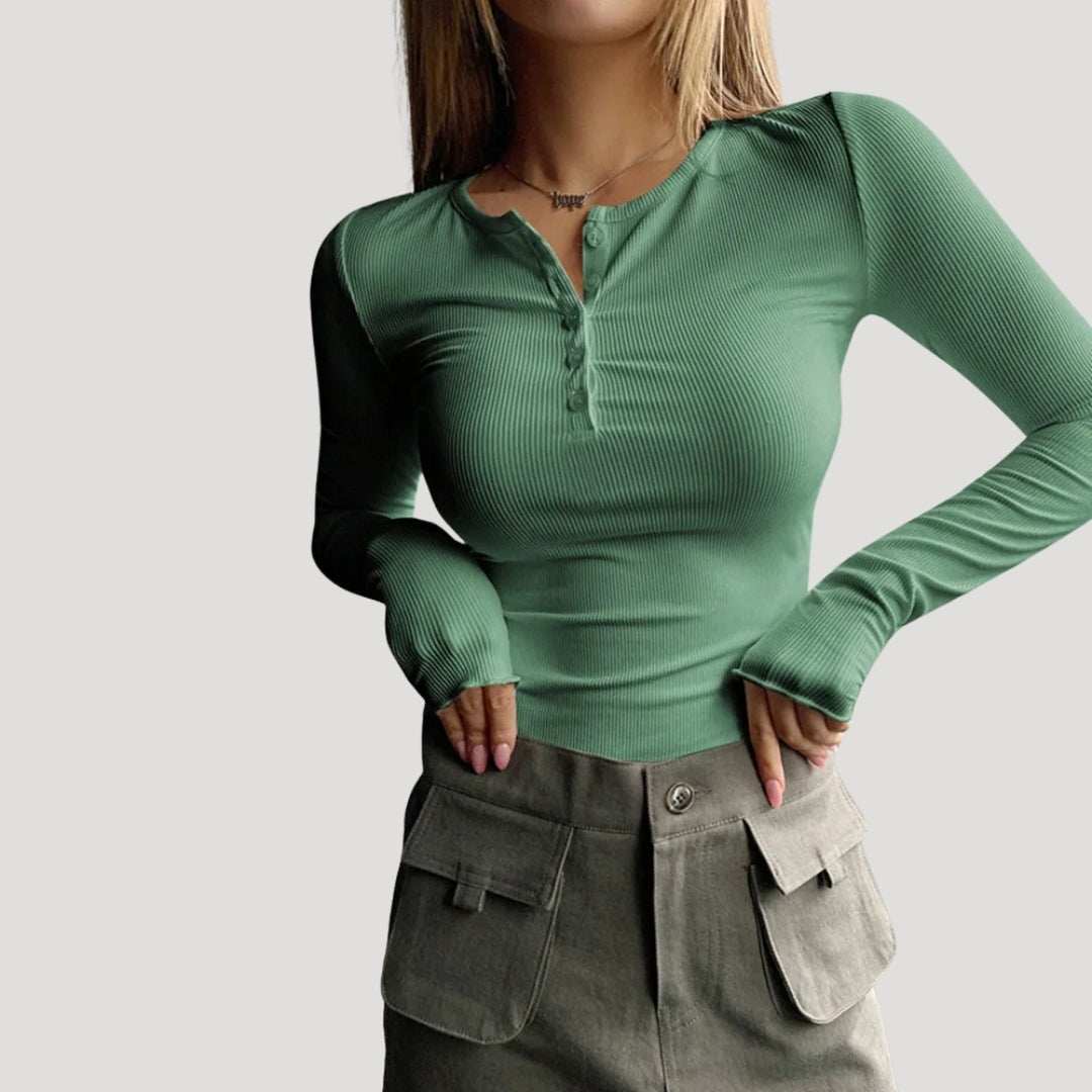 Women’s Blouse Long Sleeve Top Ribbed Henley Fitted Casual