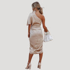 Women’s One Shoulder Midi Dress Side Slit Draped Evening Style