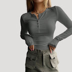 Women’s Blouse Long Sleeve Top Ribbed Henley Fitted Casual