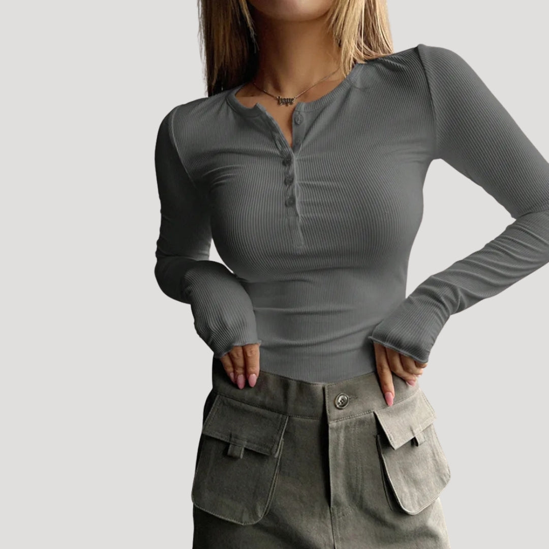 Women’s Blouse Long Sleeve Top Ribbed Henley Fitted Casual