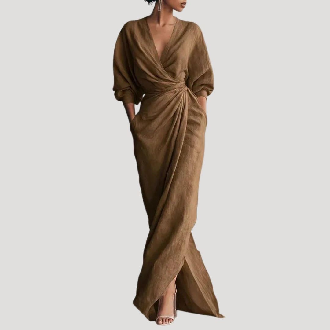 Women’s Maxi Dress Wrap Long Sleeve V Neck Flowy Elegant