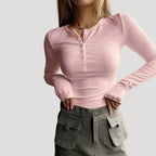 Women’s Blouse Long Sleeve Top Ribbed Henley Fitted Casual