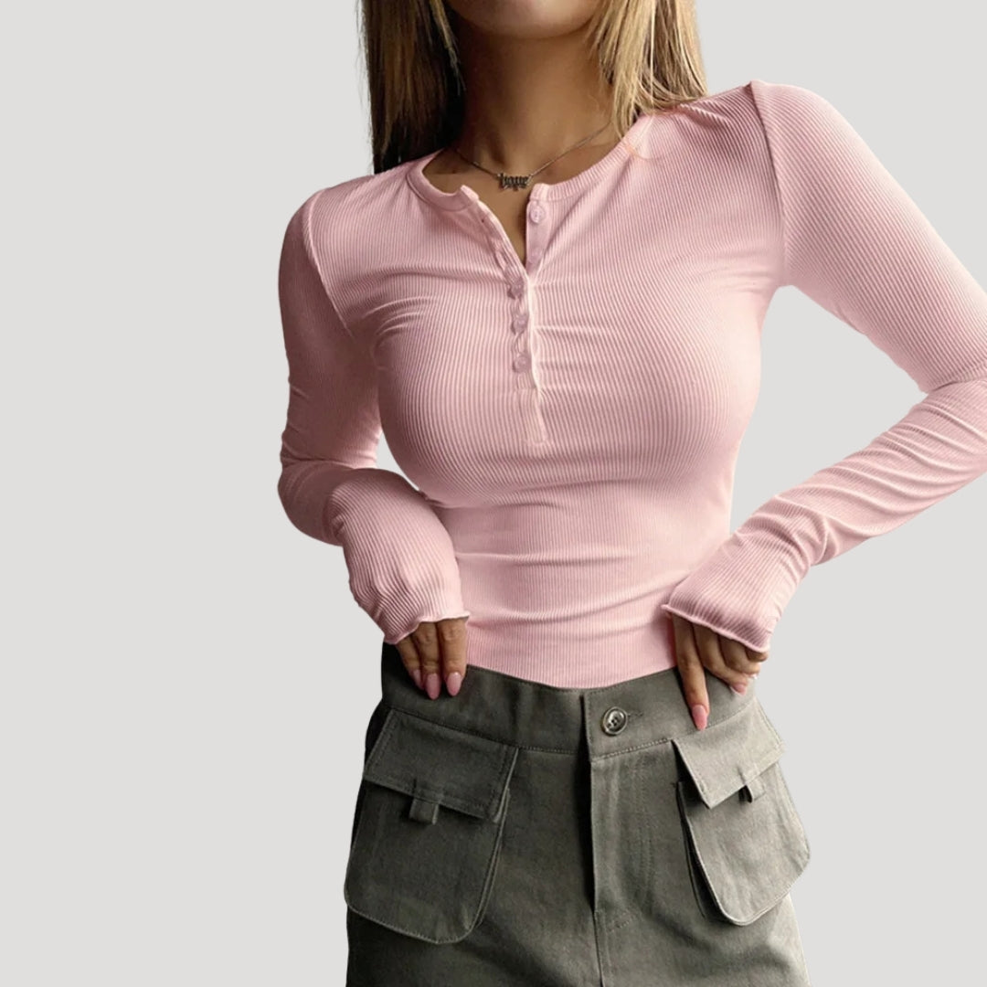 Women’s Blouse Long Sleeve Top Ribbed Henley Fitted Casual