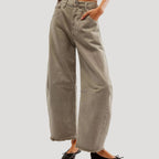 Women’s Denim Wide Leg Jeans High Waist Cropped Raw Hem