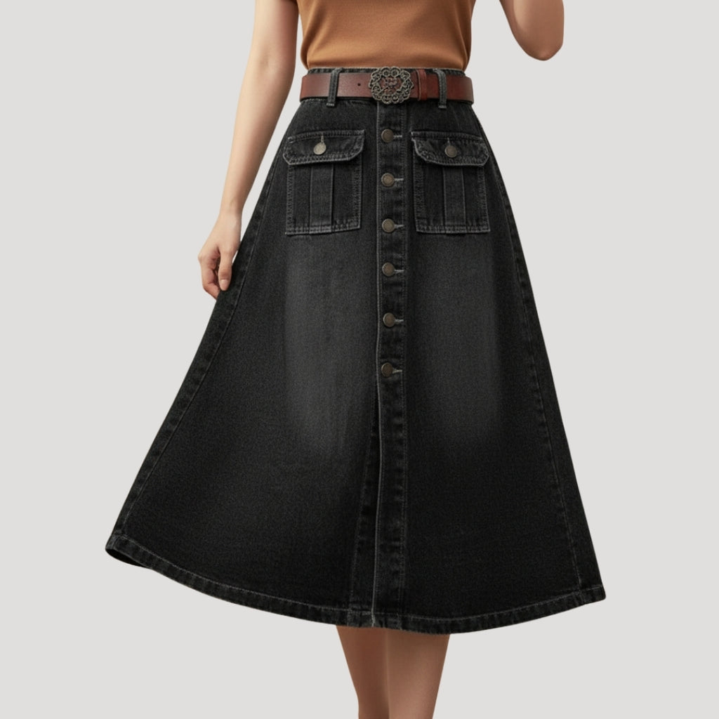 Women’s Denim Skirt Midi Jean A Line High Waist Button