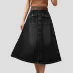 Women’s Denim Skirt Midi Jean A Line High Waist Button