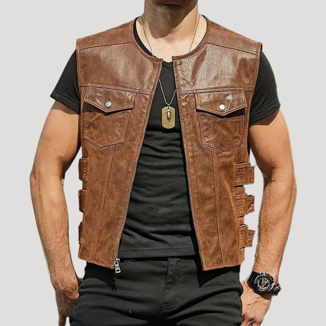 Men’s Leather Vest Biker Motorcycle Sleeveless Jacket Zip