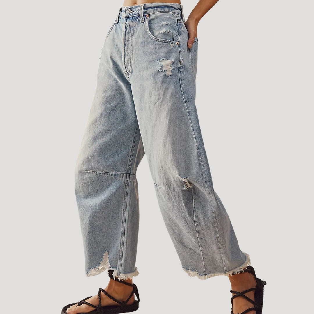 Women’s Denim Wide Leg Jeans High Waist Cropped Raw Hem