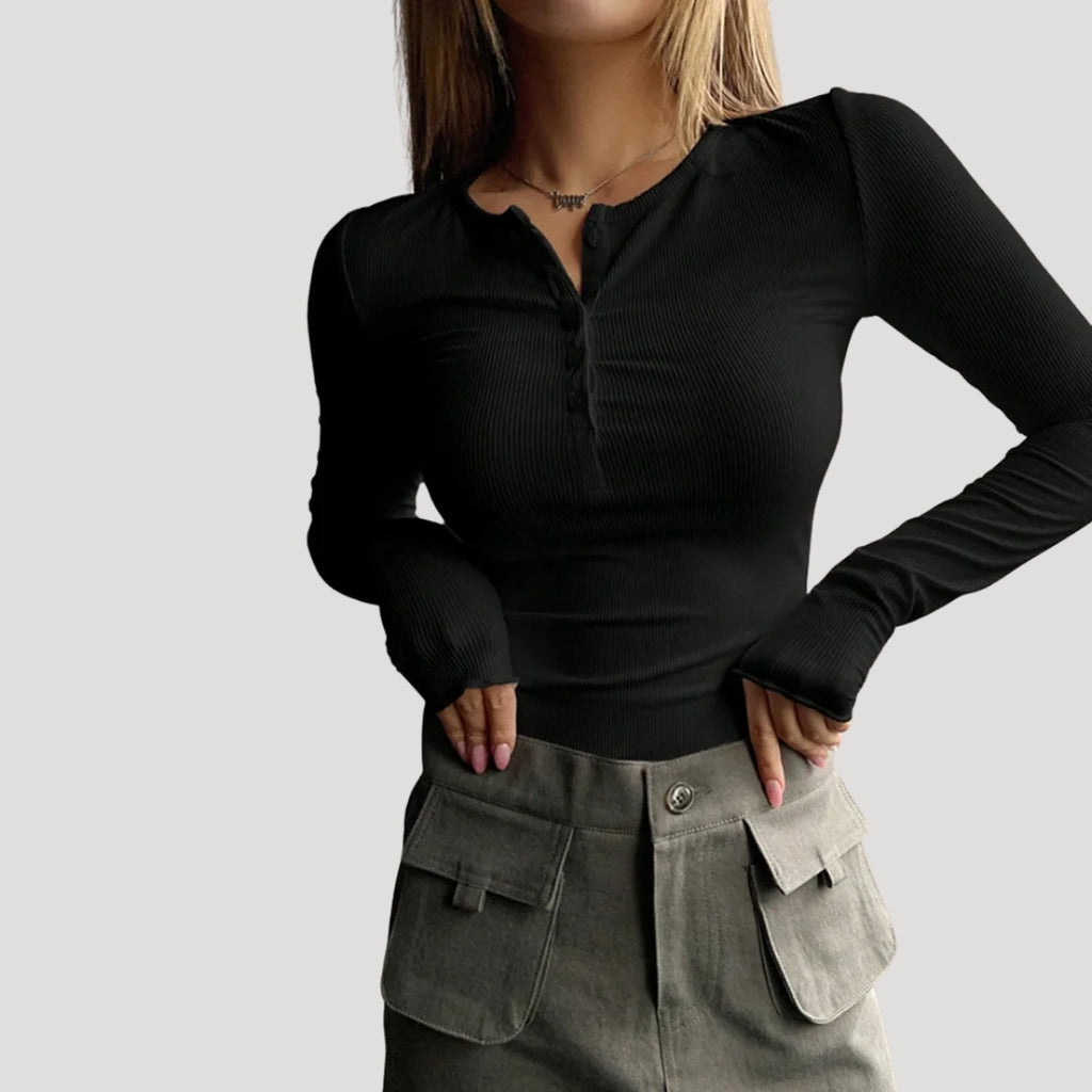 Women’s Blouse Long Sleeve Top Ribbed Henley Fitted Casual