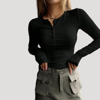 Women’s Blouse Long Sleeve Top Ribbed Henley Fitted Casual
