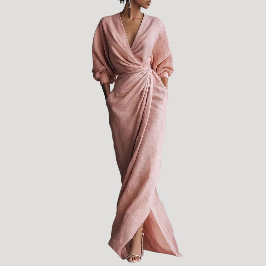 Women’s Maxi Dress Wrap Long Sleeve V Neck Flowy Elegant