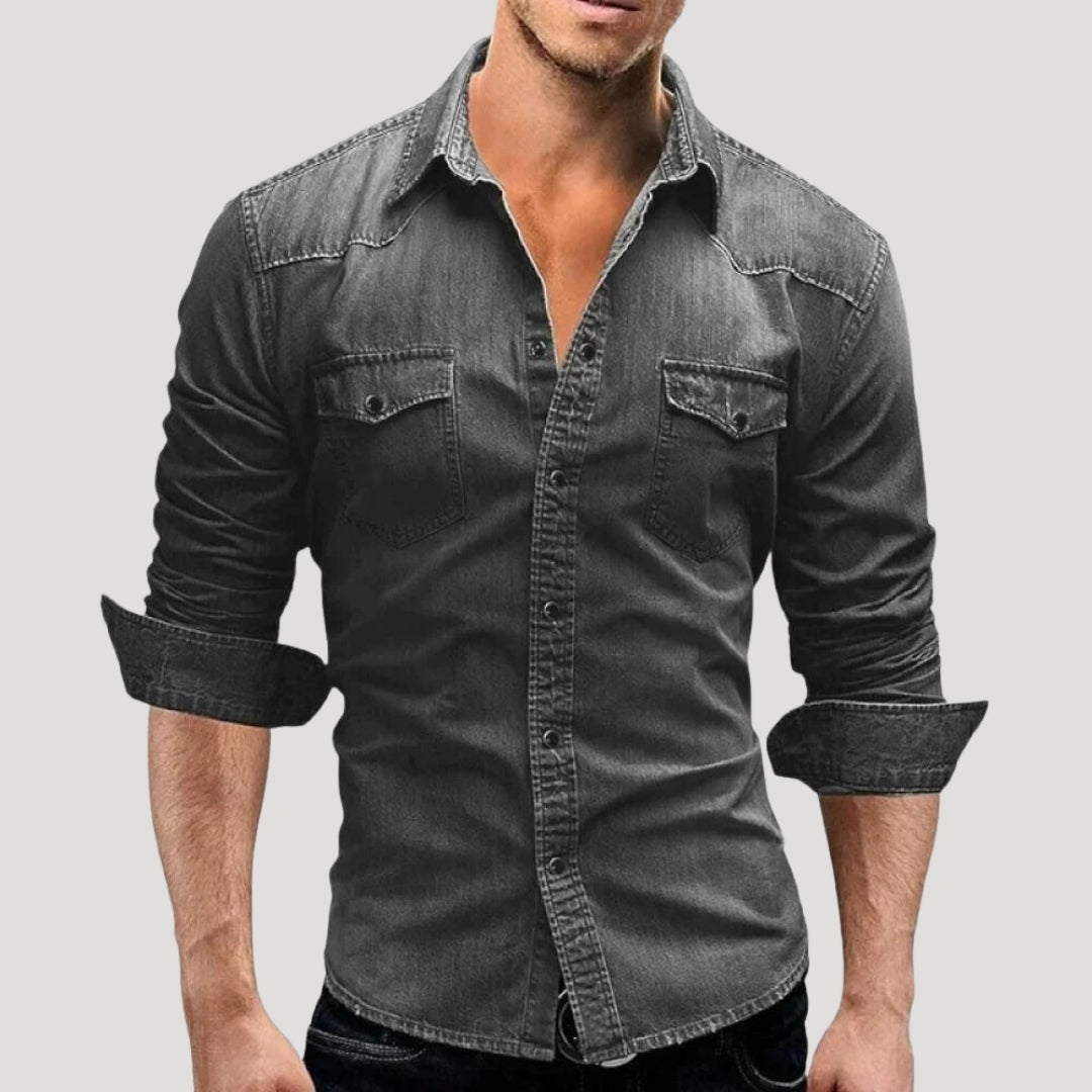 Mens Denim Shirt Long Sleeve Button Down Casual Slim Fit
