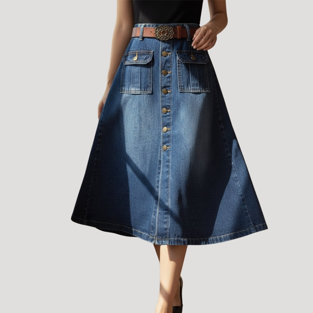 Women’s Denim Skirt Midi Jean A Line High Waist Button
