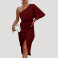 Women’s One Shoulder Midi Dress Side Slit Draped Evening Style