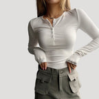Women’s Blouse Long Sleeve Top Ribbed Henley Fitted Casual