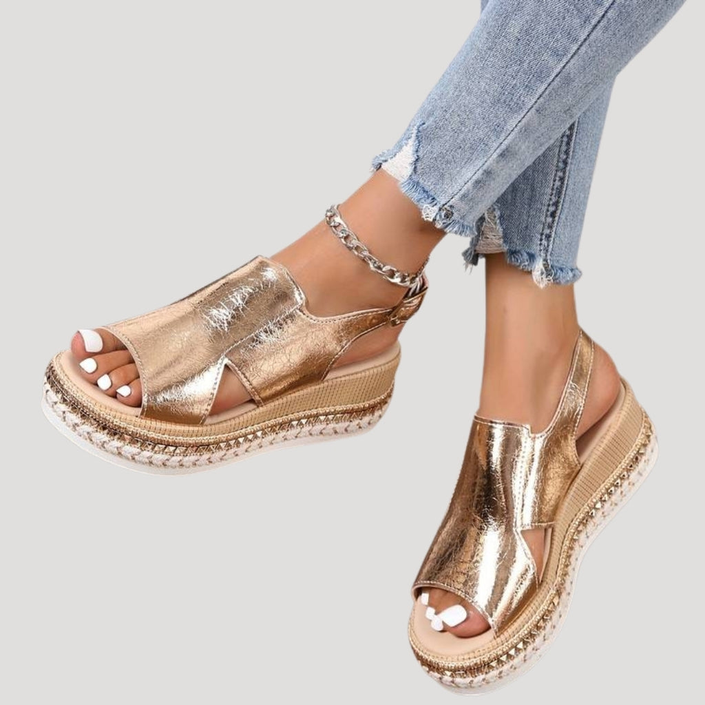 Women's Platform Wedge Sandals Metallic Open Toe Slingback