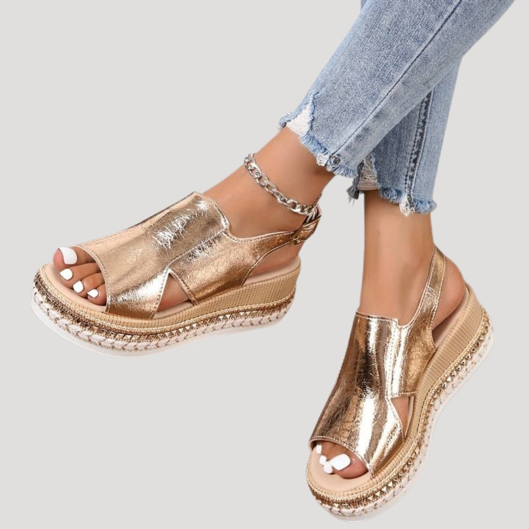 Women's Platform Wedge Sandals Metallic Open Toe Slingback