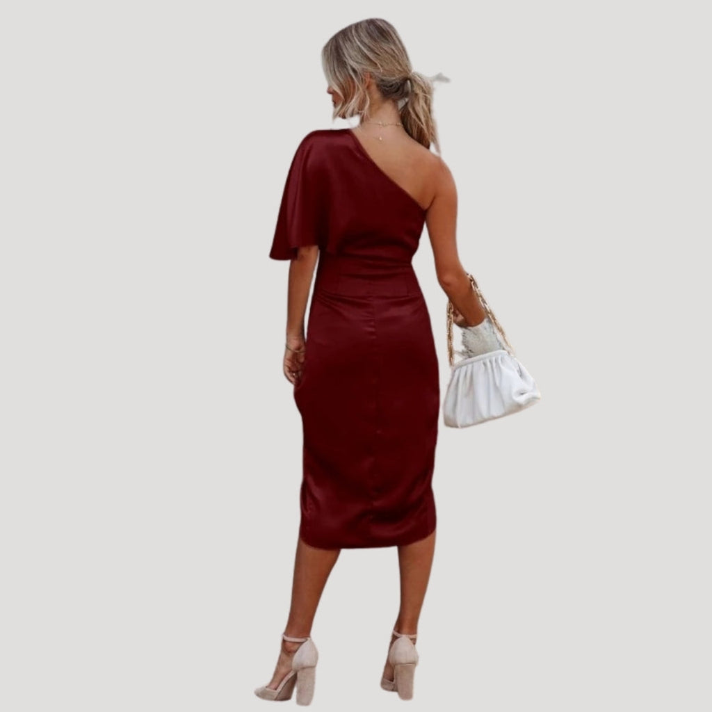 Women’s One Shoulder Midi Dress Side Slit Draped Evening Style