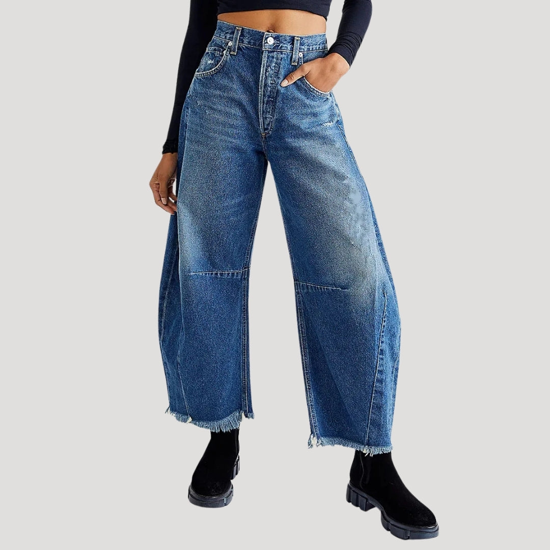 Women’s Denim Wide Leg Jeans High Waist Cropped Raw Hem