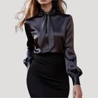 Women’s Blouse Satin Long Sleeve Bow Office Top
