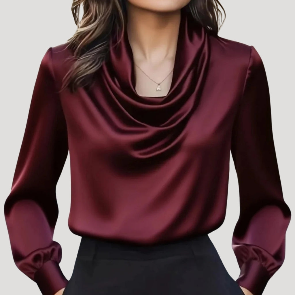 Women’s Blouse Satin Top Long Sleeve Cowl Neckline
