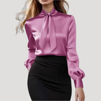 Women’s Blouse Satin Long Sleeve Bow Office Top