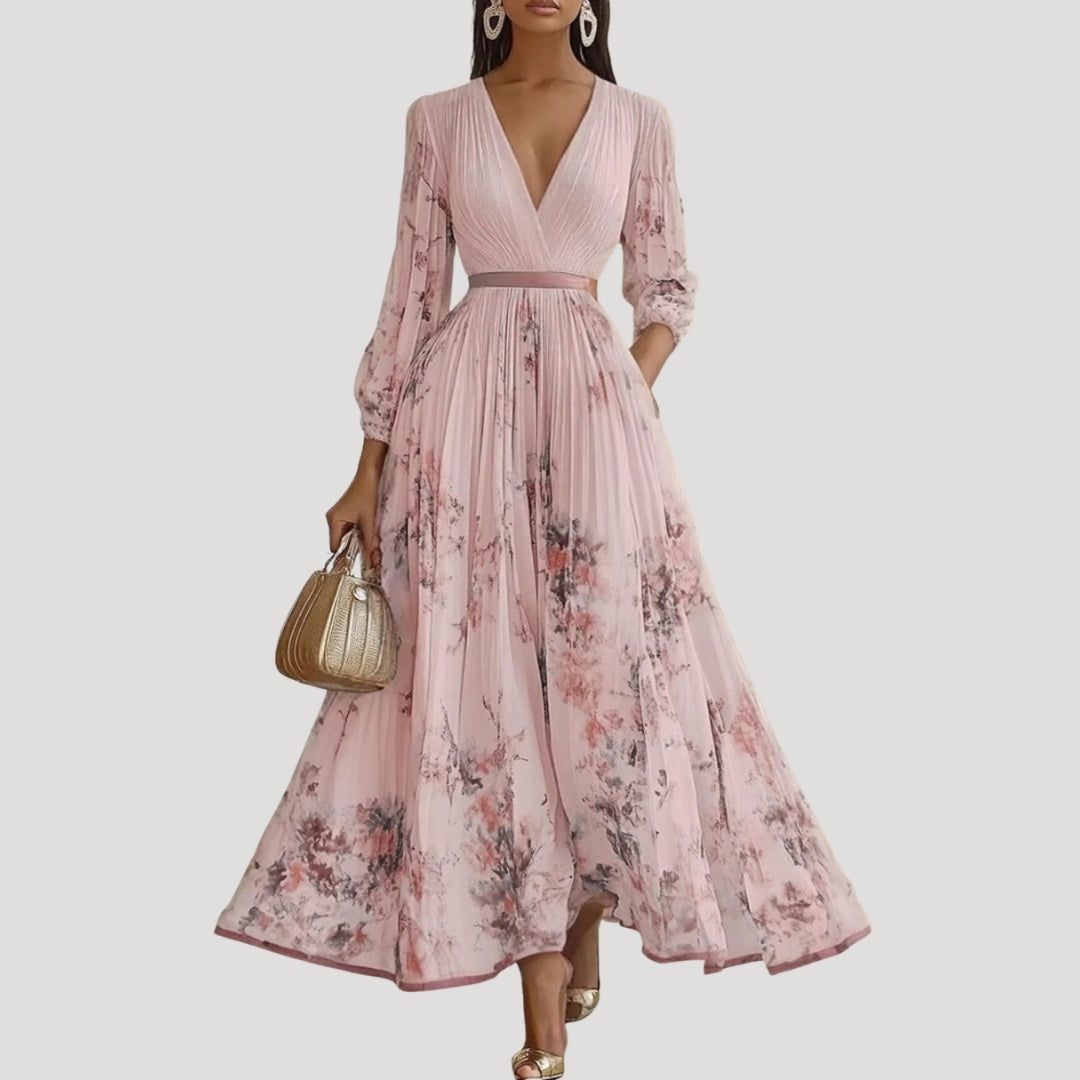 Women’s Formal Maxi Floral Long Sleeve V Neck A Line