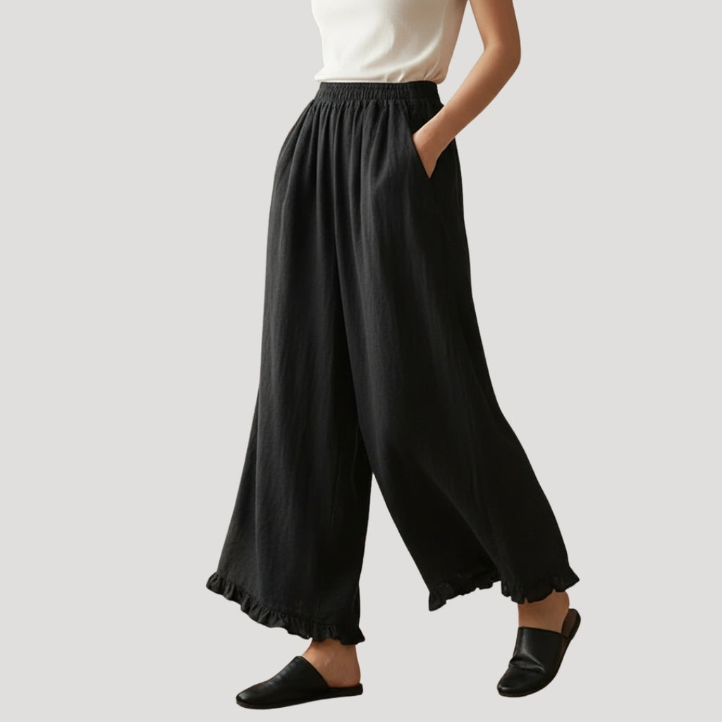Women’s Wide Leg Pants Cropped Linen Elastic Waist Ruffle Hem Relaxed