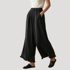 Women’s Wide Leg Pants Cropped Linen Elastic Waist Ruffle Hem Relaxed