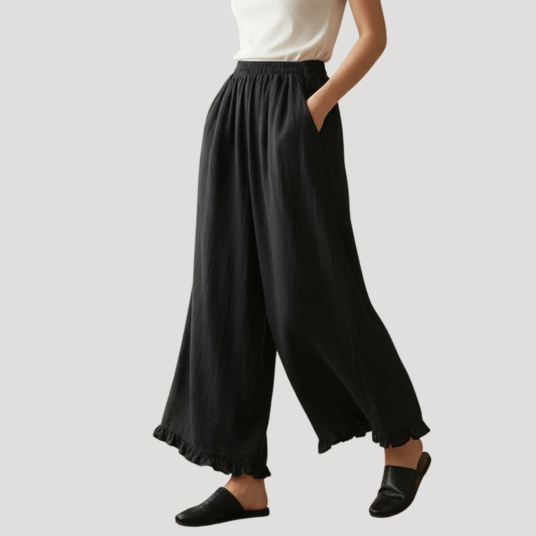Women’s Wide Leg Pants Cropped Linen Elastic Waist Ruffle Hem Relaxed