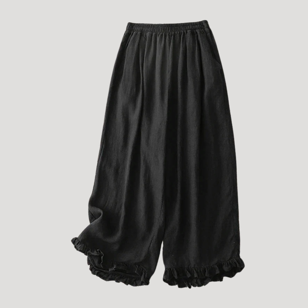 Women’s Wide Leg Pants Cropped Linen Elastic Waist Ruffle Hem Relaxed