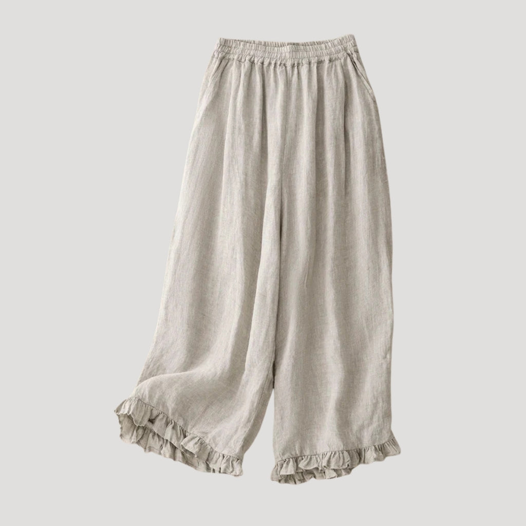 Women’s Wide Leg Pants Cropped Linen Elastic Waist Ruffle Hem Relaxed