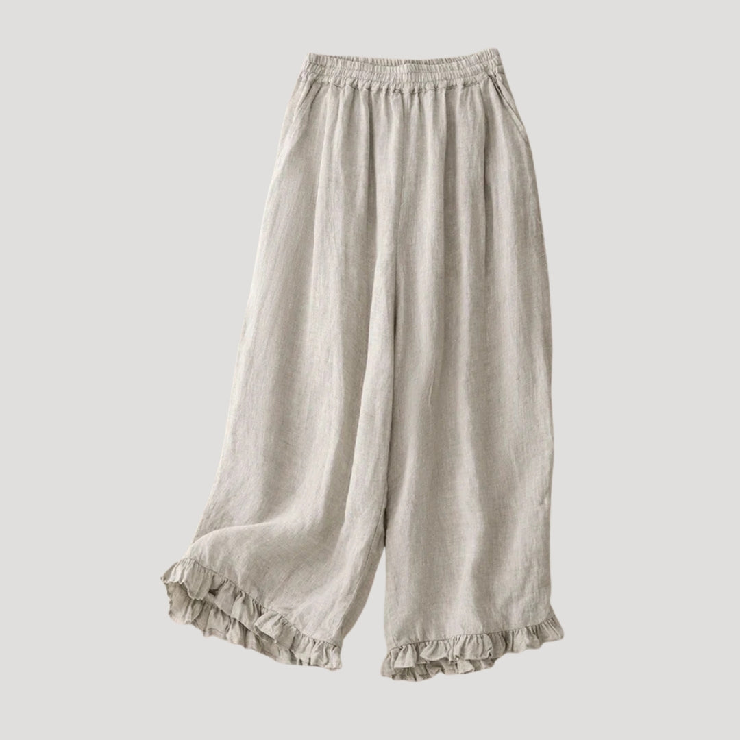 Women’s Wide Leg Pants Cropped Linen Elastic Waist Ruffle Hem Relaxed