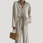 Women’s Linen Pants Set Long Sleeve Shirt Two Piece Outfit