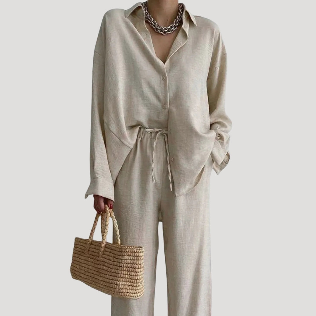 Women’s Linen Pants Set Long Sleeve Shirt Two Piece Outfit
