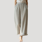 Women’s Wide Leg Pants Cropped Linen Elastic Waist Ruffle Hem Relaxed
