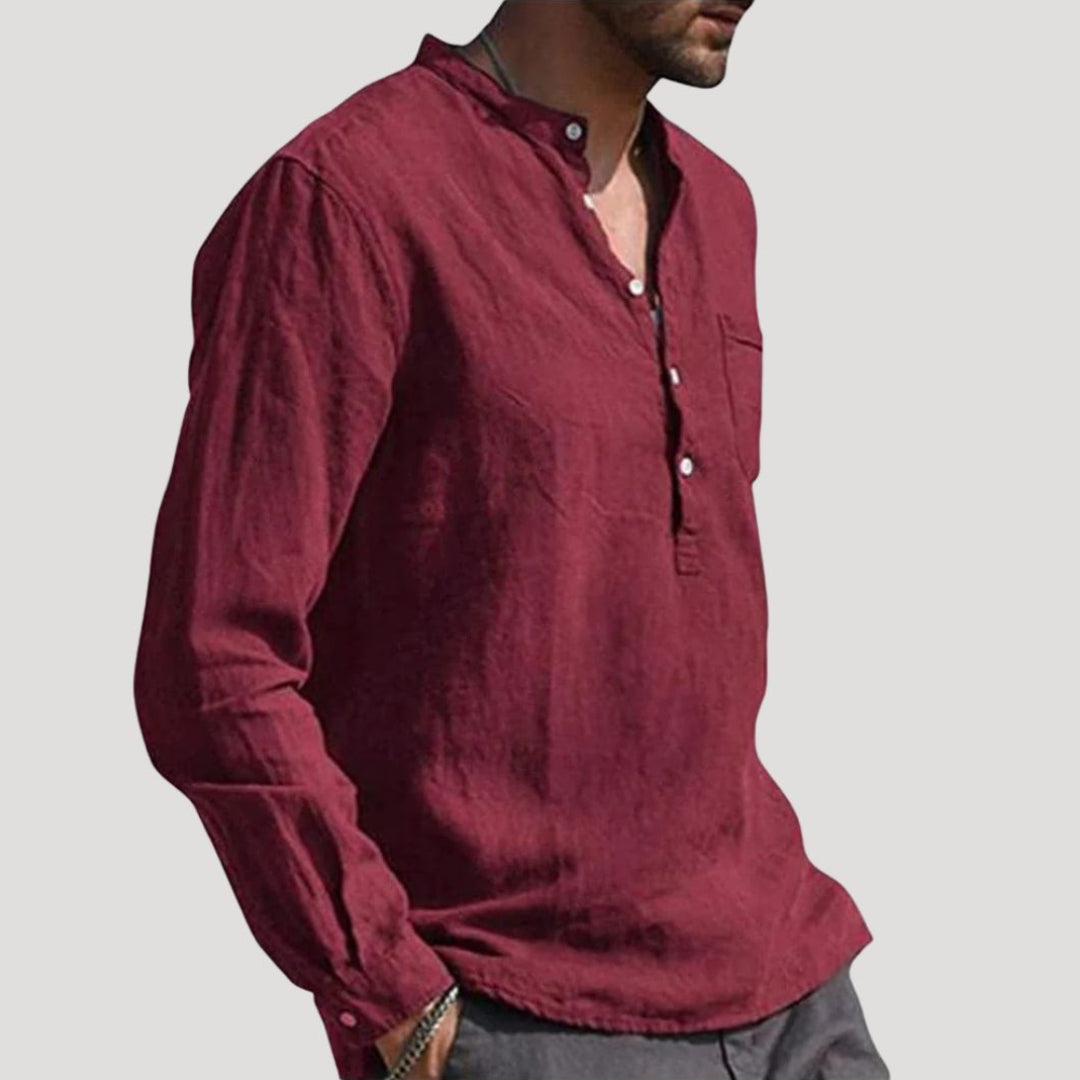 Men Linen Shirt Grandad Collar Long Sleeve Relaxed Fit