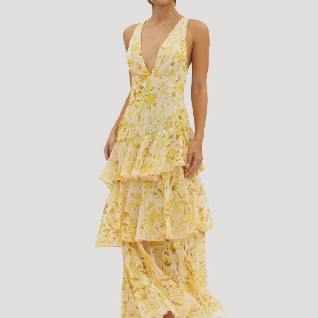 Women’s Summer Dress Floral Maxi Ruffle Tiered V Neck