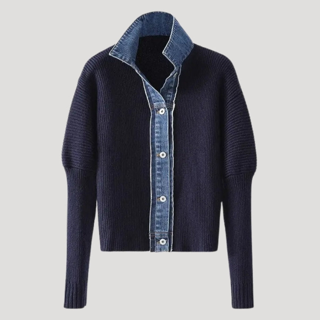 Women’s Knit Cardigan Denim Trim Button Front Sweater