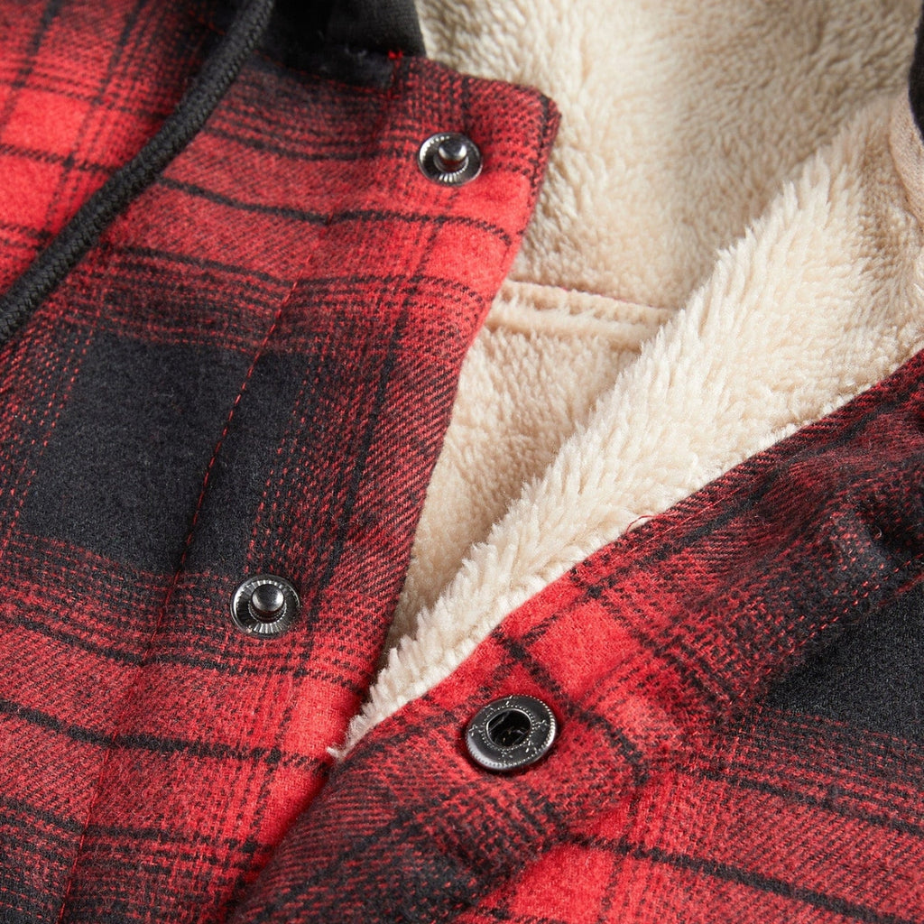 Men’s Red Plaid Flannel Hooded Sherpa Jacket