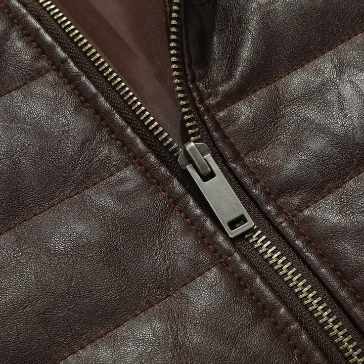 Men’s Brown Quilted Leather Jacket With Stand Collar