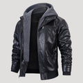Men’s Black Leather Hooded Bomber Jacket With Zip Pockets