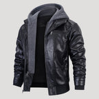 Men’s Black Leather Hooded Bomber Jacket With Zip Pockets
